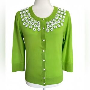 🌼 Kate Spade Green Floral Beaded Garden Cardigan Embellished Sweater – Size M